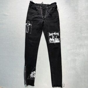 Dolls Kill Current Mood Stitch Bi+ch Lace Up Patch Zip Black Jeans Small Goth